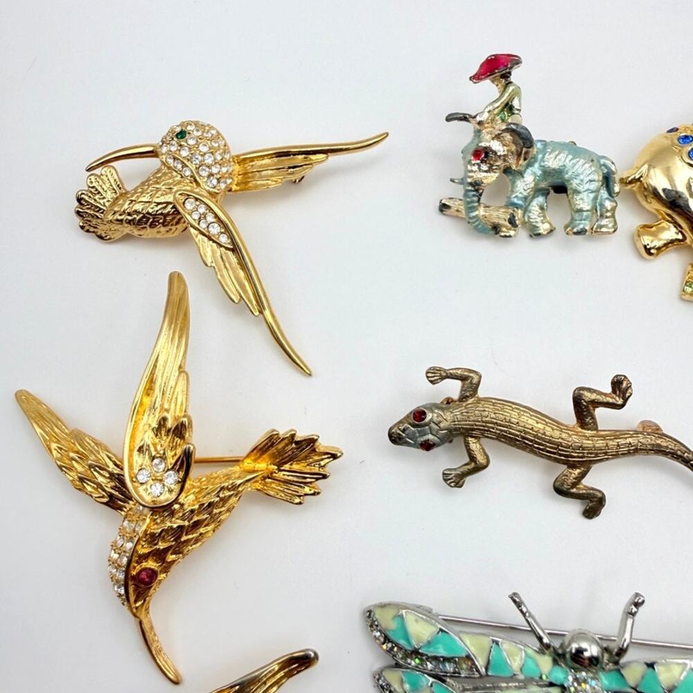 Huge Lot 21 Vtg Animal Insect Brooches Pins Gold Tone Rhinestone Enamel 3 Signed - Picture 8 of 15